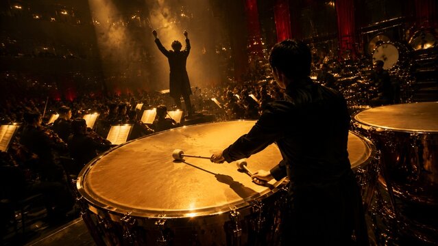 Orchestral Crescendo: The intense focus of a timpanist striking a massive drum, set against the dramatic backdrop of a full orchestra and conductor, illuminated by golden stage lights.