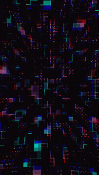 Futuristic cyber digital matrix background with colorful pixel noise, RGB glitch effect, and electronic data stream.