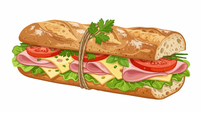 A delicious sandwich made with a long crusty bread, filled with ham, cheese, lettuce, and tomato, and garnished with fresh parsley