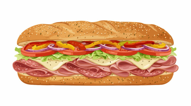 A delicious, freshly made sub sandwich overflowing with various meats, cheeses, vegetables, and condiments, all nestled within a toasted sesame seed bun