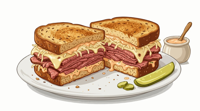 A delicious corned beef sandwich with sauerkraut and swiss cheese on toasted rye bread, cut in half and served with a side of dill pickles and a small dish of dressing