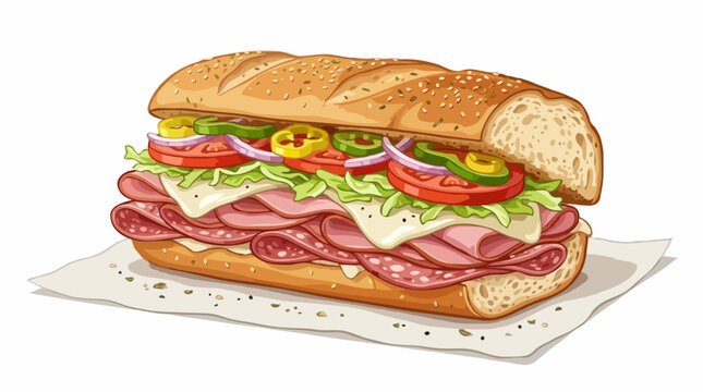 A delicious sandwich with a long bun filled with deli meats, cheese, lettuce, tomato, and onions