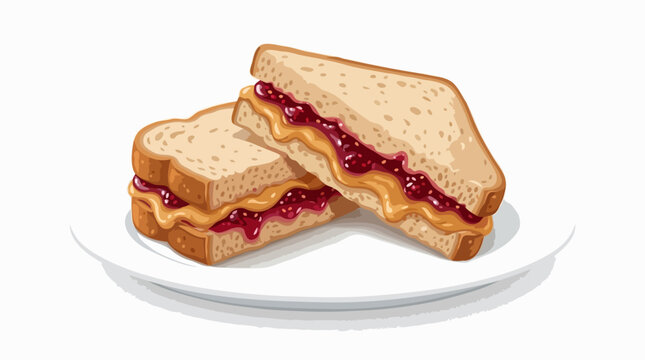 A delicious peanut butter and jelly sandwich on a white plate. The sandwich is cut in half and shows the layers of peanut butter and jelly