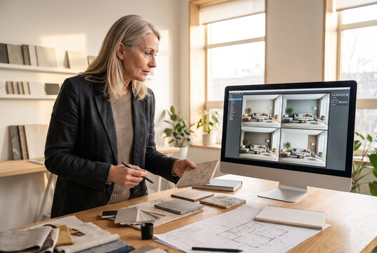 Dise&ntilde;adora de interiores revisando materiales y visualizaciones digitales en su estudio