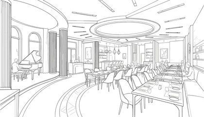 Fototapeta premium Luxury hotel restaurant interior perspective sketch featuring dining tables grand piano performance stage and bar counter setup