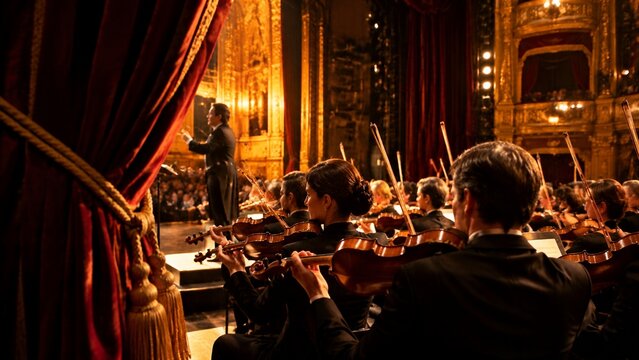 Orchestral Performance: A conductor leads a symphony orchestra in a grand theater, with musicians playing their instruments in unison under the warm glow of stage lights.
