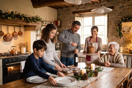 Familia intergeneracional preparando la mesa para una celebraci&oacute;n navide&ntilde;a en casa