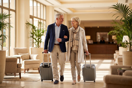 Pareja s&eacute;nior llegando a un hotel con maletas durante un viaje de vacaciones
