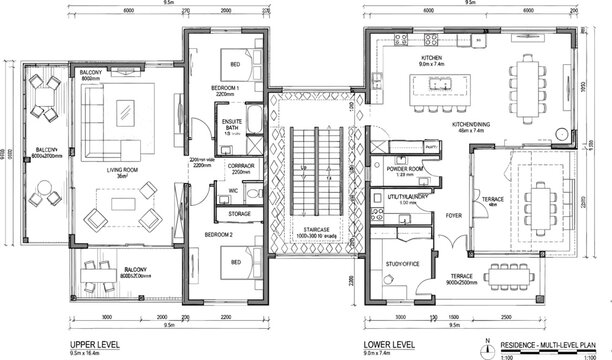 Architectural multi level luxury residential house floor plan vector blueprint showing upper and lower floor furniture configurations