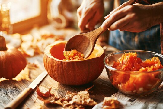 Top-down close-up of hands scooping orange pumpkin seeds and pulp into glass bowl on wooden table with carving knife, hollowed pumpkin, and scattered autumn leaves during cozy DIY prep