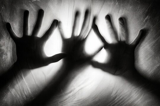 Backlit hands pressed against frosted glass window, splayed palms and fingers as dark silhouettes emerging through textured blur with eerie glow and moody atmosphere