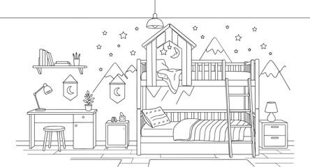 Fototapeta premium Cozy children bedroom interior vector outline featuring bunk bed study desk shelf and starry night wall decor