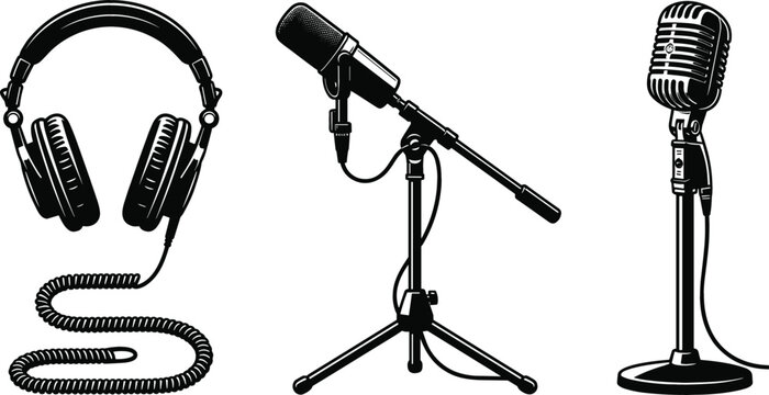 Professional audio recording equipment vector collection featuring studio headphones condenser microphone and classic vintage mic set