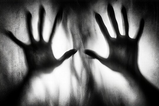 Silhouetted hands pressed against frosted glass window, palms spread wide, dark figures and faint face outline glowing through textured backlight in moody suspense