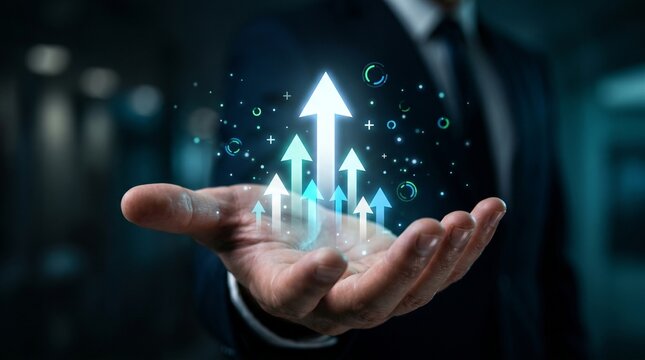 Businessman holding glowing up arrows symbolizing financial growth and successful progress