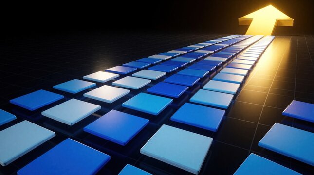Abstract render of digital blocks forming upward arrow path. Blue and white squares lead to bright gold pointer signifying progress and success. Futuristic data flow concept.