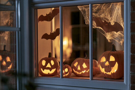 Old window night view of several carved jack-o-lantern pumpkins glowing warmly on interior windowsill with hanging paper bats and cobweb decorations
