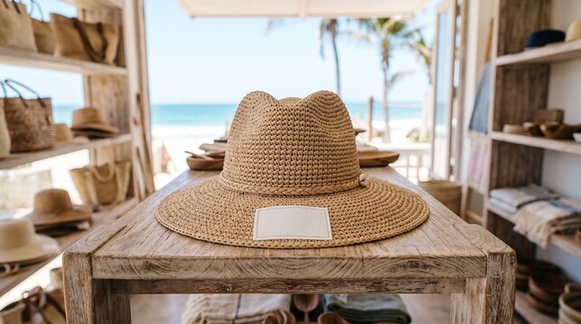 Woven raffia sun hat with tag on rustic wooden table inside beach boutique shop overlooking ocean vi