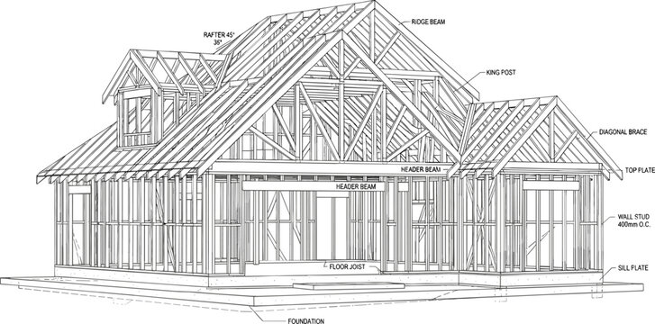 Timber home building construction framing structural engineering blueprint vector diagram detailing wall studs and roof truss