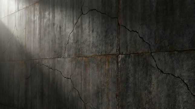 Dark grey concrete wall with deep cracks and light beam coming from the top corner in a moody room