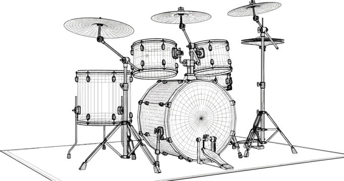 Acoustic drum kit set wireframe technical blueprint vector illustration displaying detailed musical instrument mesh grid design