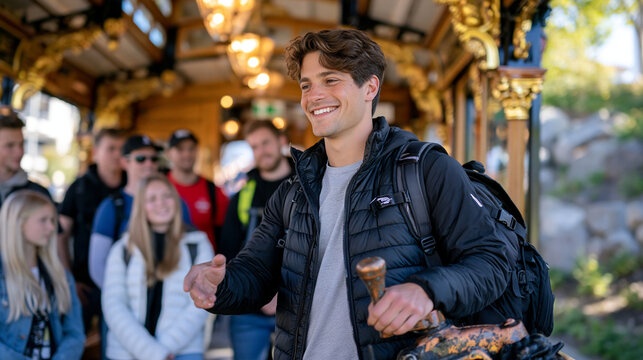 Cable car operator demonstrating grip-brake technique to a trainee inside a gilded heritage car interior with luxury wooden fittings as a crowd of fascinated observers watches and the copper-patina 