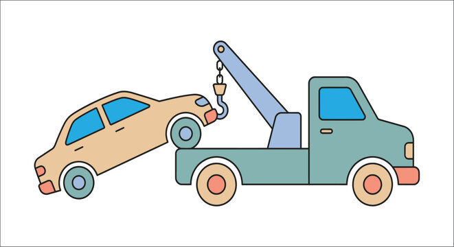A colorful vector illustration depicts a tow truck hauling a beige sedan on a white background
