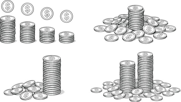 Hand drawn engraved vector illustration set of dollar coin stacks and heaps symbolizing growth wealth and financial success