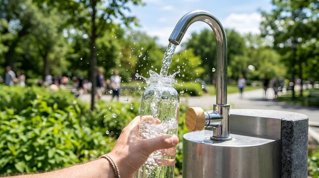Person filling reusable glass bottle at outdoor public water station
