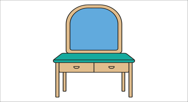 A vanity table with a rectangular mirror and two drawers is depicted in a flat vector style