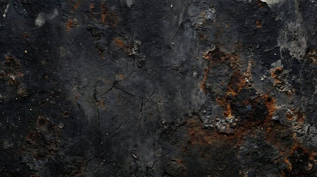 Dark grey stone texture with rough surface and tiny orange spots as a natural abstract background wall