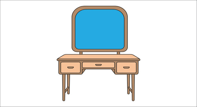 A light brown vanity table with three drawers and a rectangular mirror is illustrated on a white background