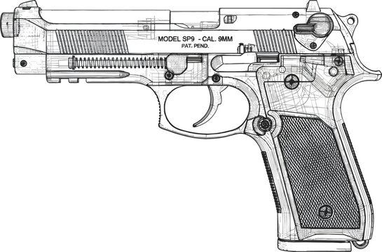 Technical wireframe blueprint of a semi automatic nine millimeter handgun pistol weapon vector illustration on white background