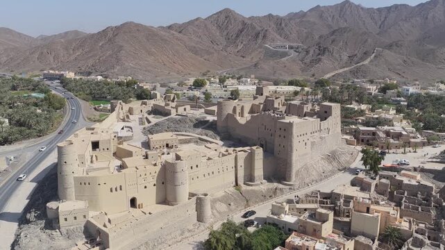 Aerial view of Bahla Fort in the desert landscape, Oman.