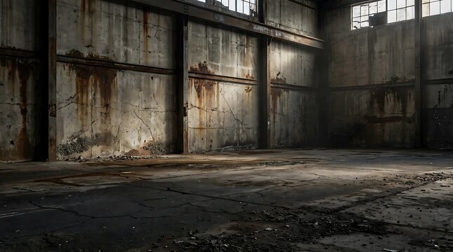 Empty dark industrial warehouse interior with large concrete walls and sunlight streaming through windows
