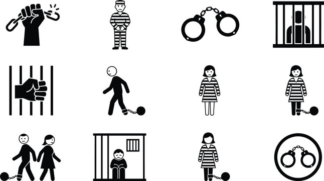 Prison and crime black vector icon set containing jail bars convict prisoner handcuff and justice outline symbols