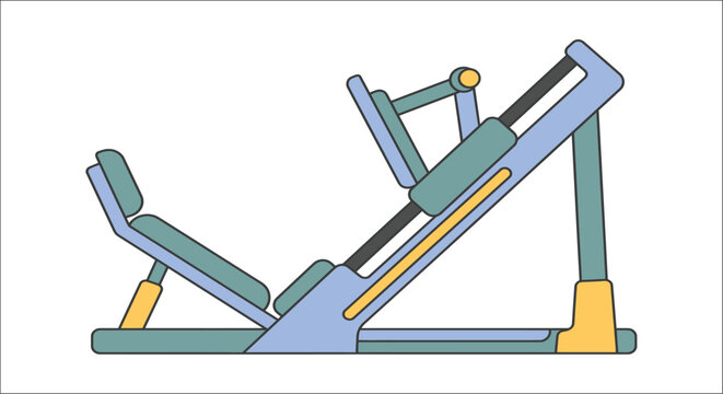A gym hack squat machine is depicted in a flat colorful vector illustration on a white background