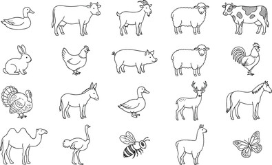 Fototapeta premium Farm animals and livestock vector outline icons set featuring cow horse sheep pig chicken and duck