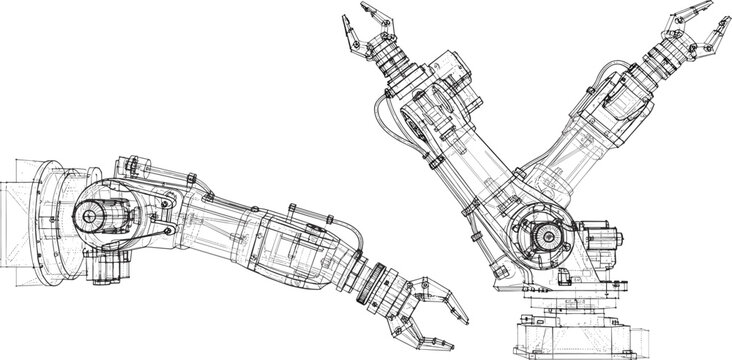 Automated industrial manipulator robotic arms wireframe schematic vector drawings for manufacturing factory line assembly