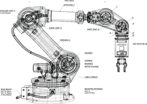 Industrial robotic arm technical blueprint wireframe vector illustration showing mechanical joints manufacturing engineering details