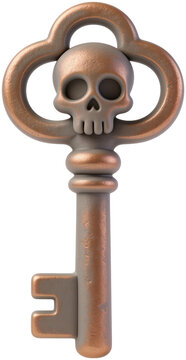 Cute 3D rendered vintage bronze skull key for Halloween secret and magic concept design on isolated background