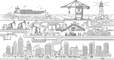 Obraz premium Industrial sea port oil refinery infrastructure and modern downtown city skyline landscape vector outline illustration