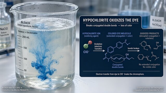 Laboratory beaker containing active sodium hypochlorite bleach decolorizing food dye with a microscopic inset showing cloin oxidizing conjugated double bonds