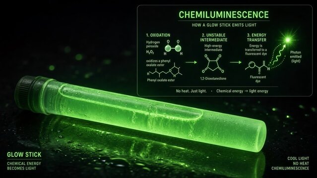 Glowing green chemical light stick with a detailed scientific inset illustrating hydrogen peroxide oxidizing a phenyl oxalate ester to transfer energy and emit photons