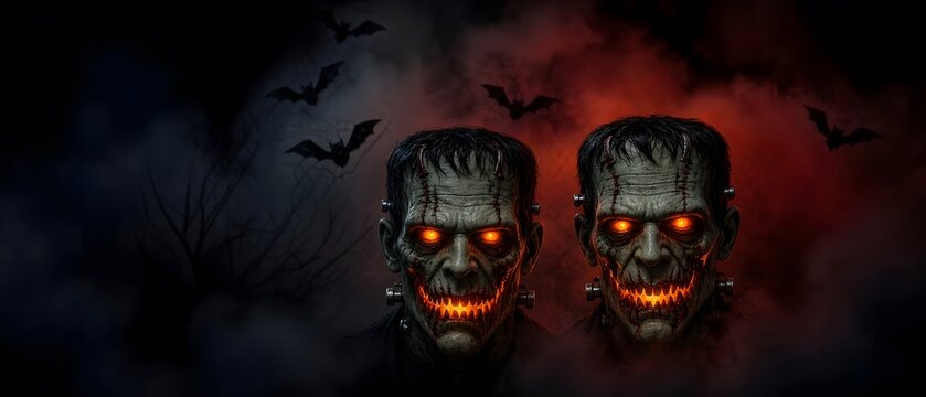Two spooky scary zombie or monster faces in the dark beautifully composed