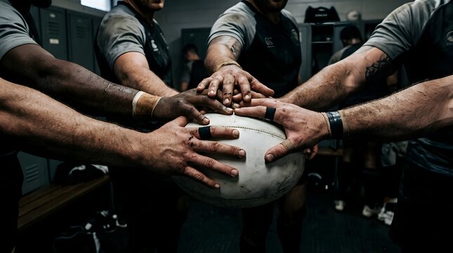 Rugby team players stacking hands together on ball in locker room