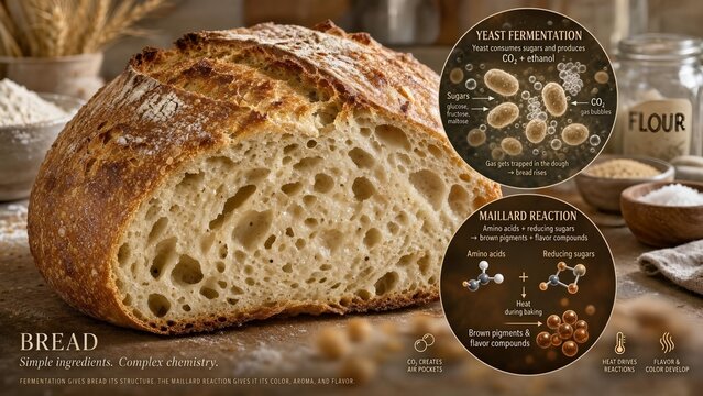 Freshly baked golden crust bread loaf with a macro inset showcasing yeast fermentation producing co2 gas pockets and maillard reaction browning compounds inside the crumb