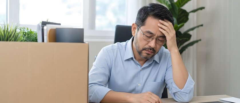 Stressed man sitting on a cardboard moving box beautifully crafted