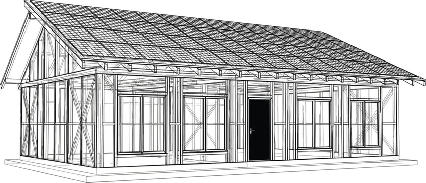 Modern sustainable house wireframe blueprint vector illustration showing eco friendly home structure with solar panels on roof
