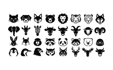 Obraz premium Black and white vector animal heads icon set featuring wildlife and farm creatures in minimalist line art style